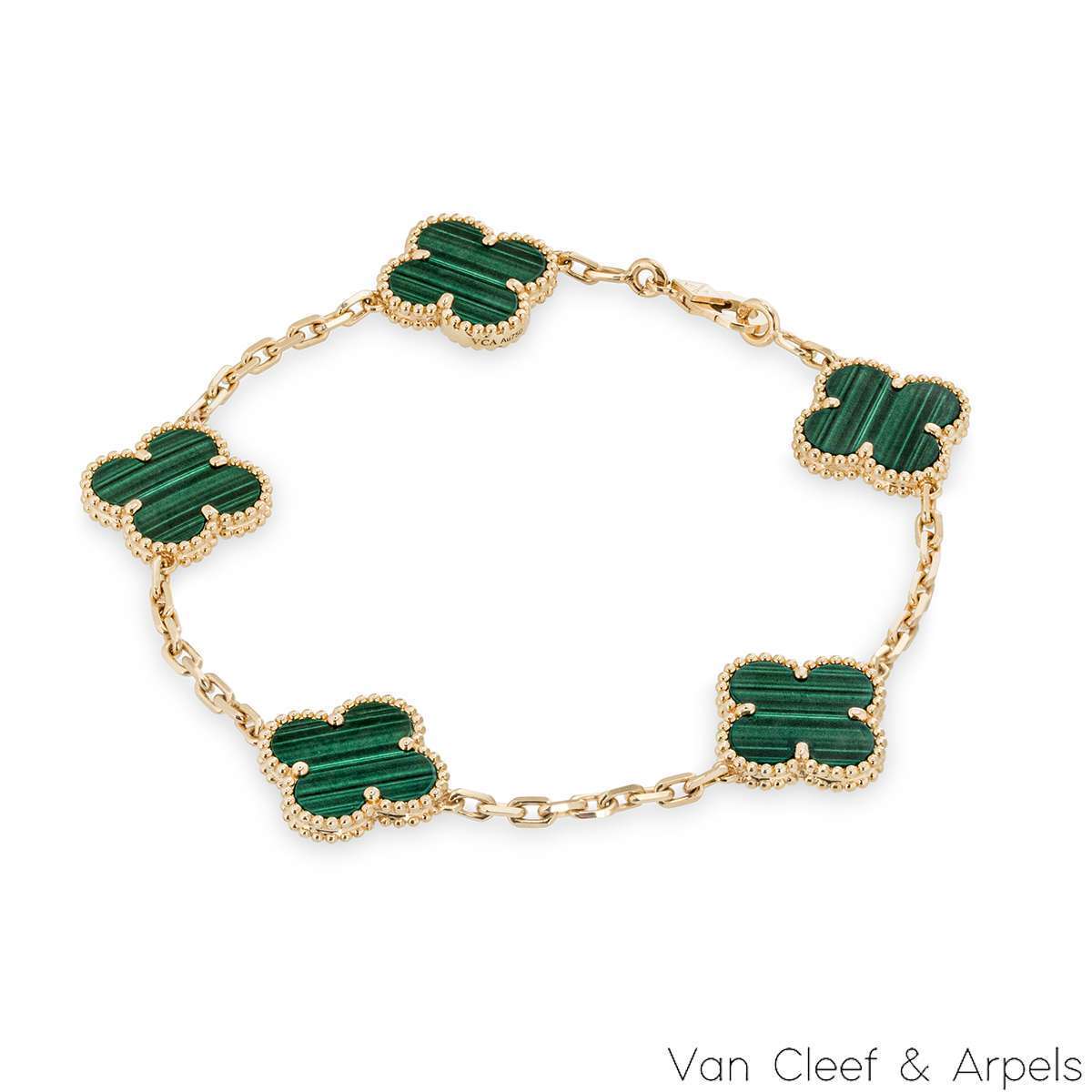 Van Cleef & Arpels Malachite Vintage Alhambra 5 Motif Bracelet VCARL80900 Van Cleef & Arpels Malachite Vintage Alhambra 5 Motif Bracelet VCARL80900